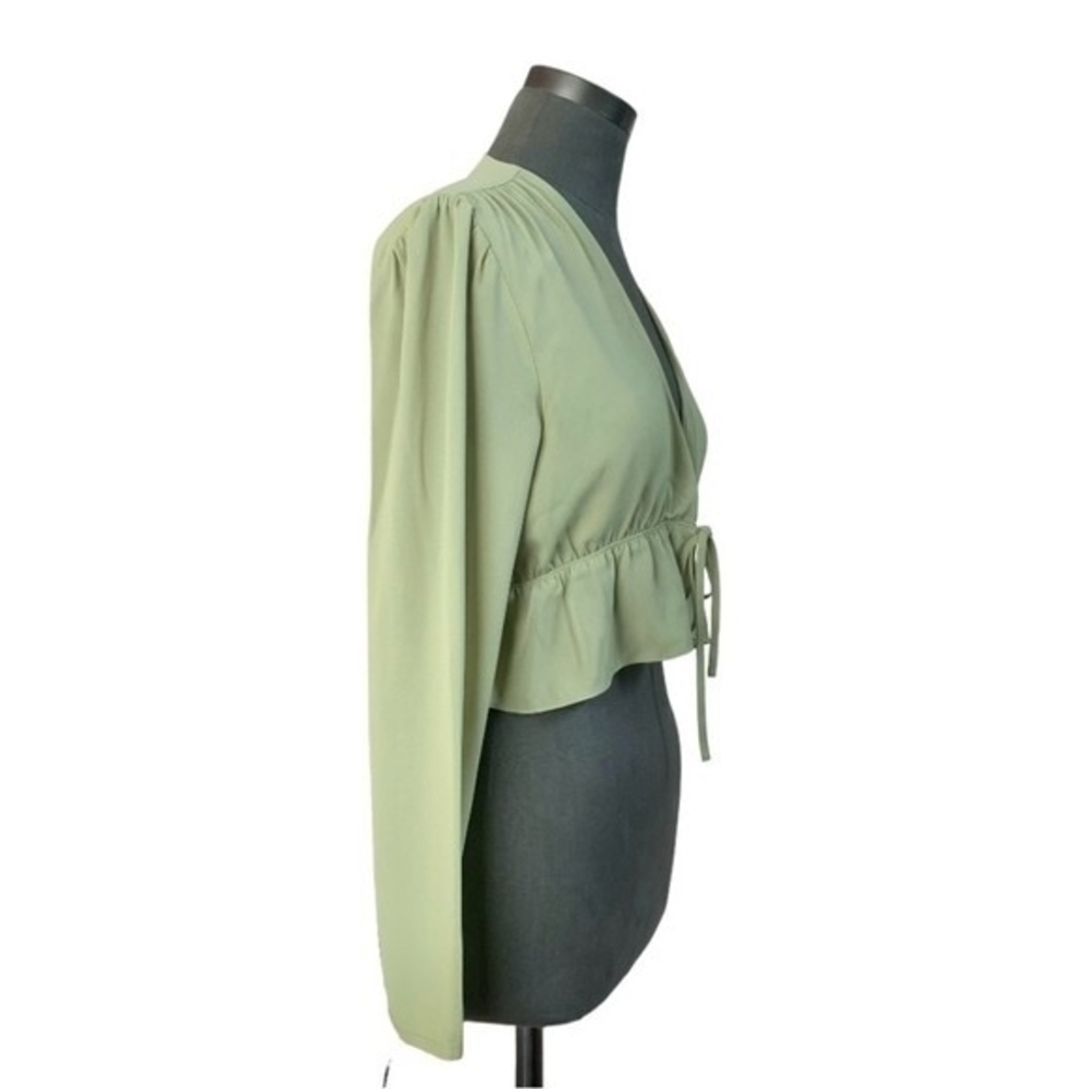 Aritzia Sunday Best Light Green Tie Front Ruffled Blouse M Sheer Long Sleeve VG - Picture 5 of 8